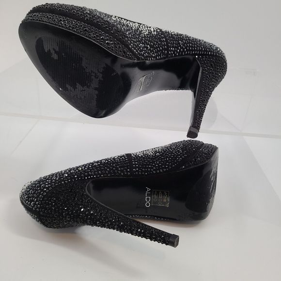 Aldo Black Satin & Rhinestone Stiletto Platform Pumps Size 9 - Picture 4 of 10